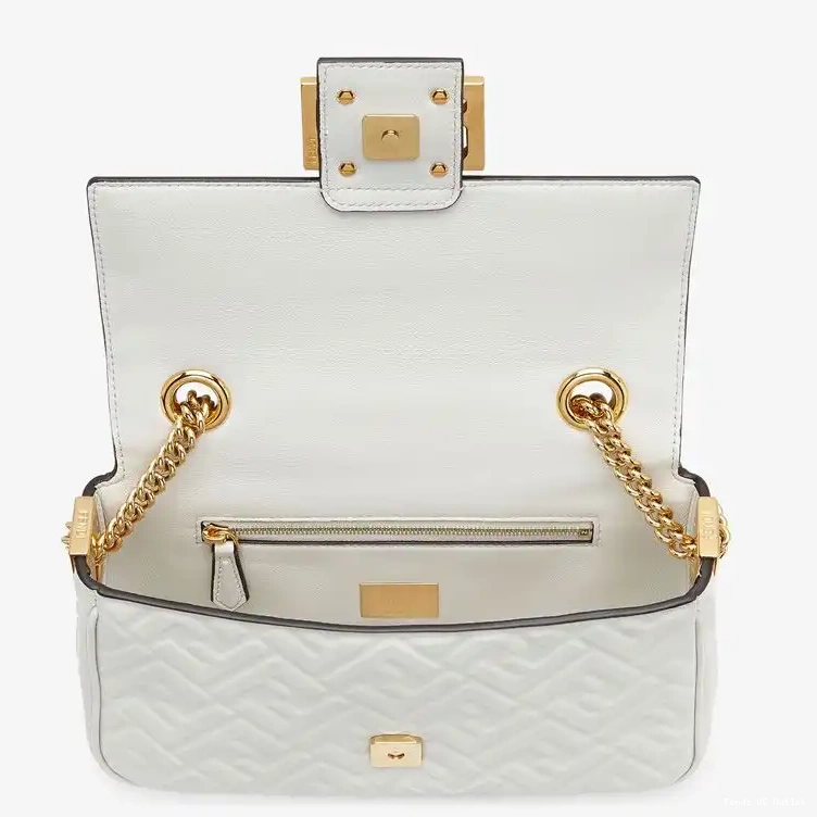 Vintage HOT Bag Nappa White Midi Chain Baguette FF In Fendi Motif Leather 0518